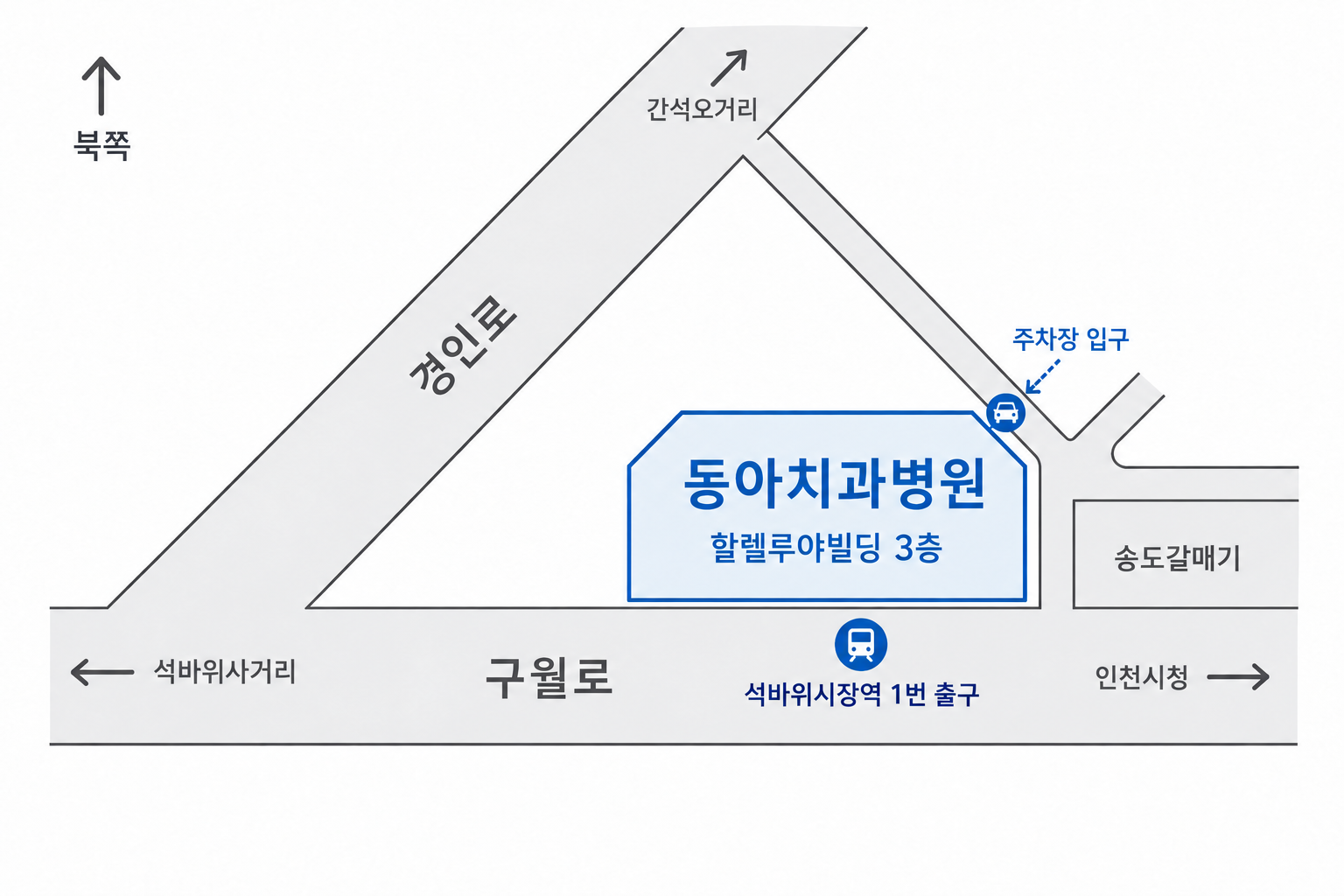 동아치과병원 위치 약도: 구월로 석바위시장역 1번 출구 앞 할렐루야빌딩 3층, 경인로에서 진입하는 삼거리 안쪽입니다. 건물 오른쪽에 주차장 입구가 있으며 서쪽은 석바위사거리, 동쪽은 인천시청 방향입니다.